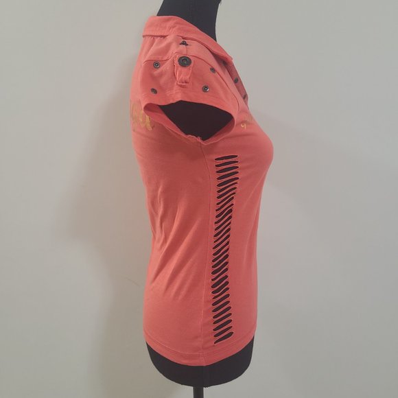 Sexy GOLDDIGGA Y2K Burnt Orange and Copper/Gold Short Sleeved Polo Shirt - Picture 8 of 9